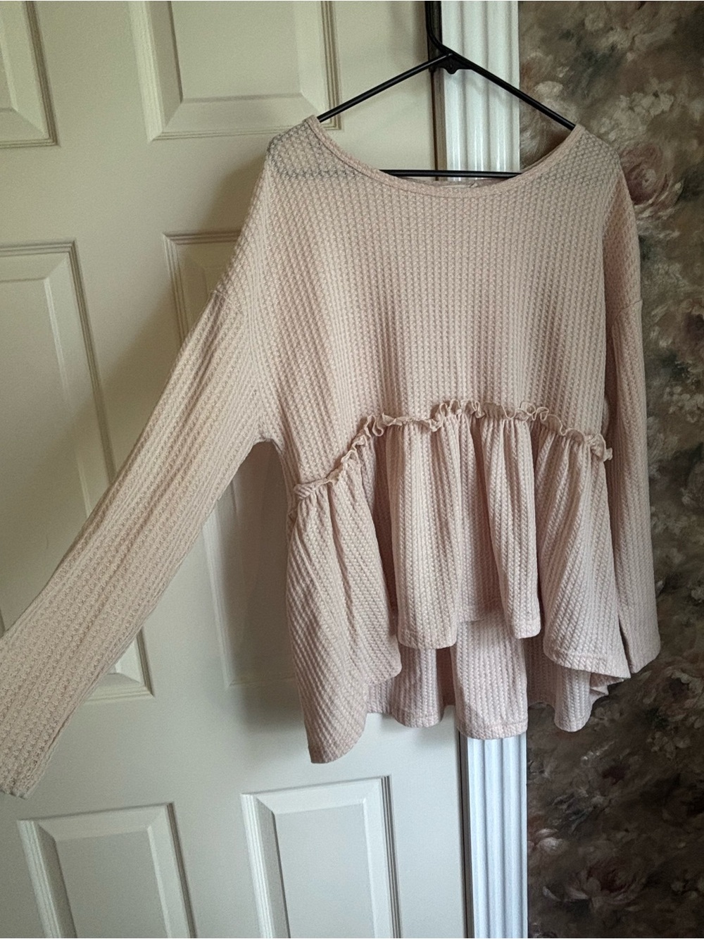 Ruffle Peplum Waffle Knit Long-Sleeve Top - Cream